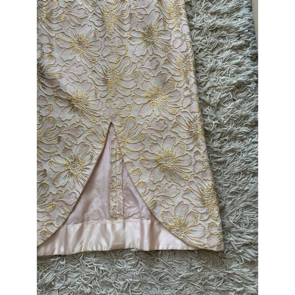 Vintage Dress 1960s Embroidered Floral Satin Pink Gold Long Gown Sheath XS / S - Picture 5 of 9
